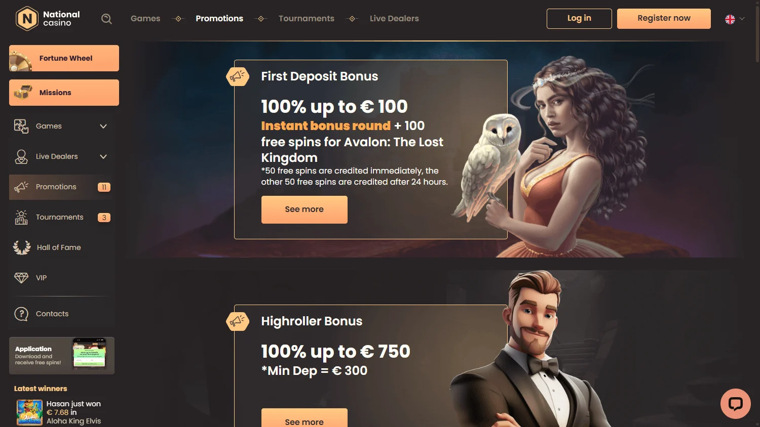 National Casino promotions on a desktop browser